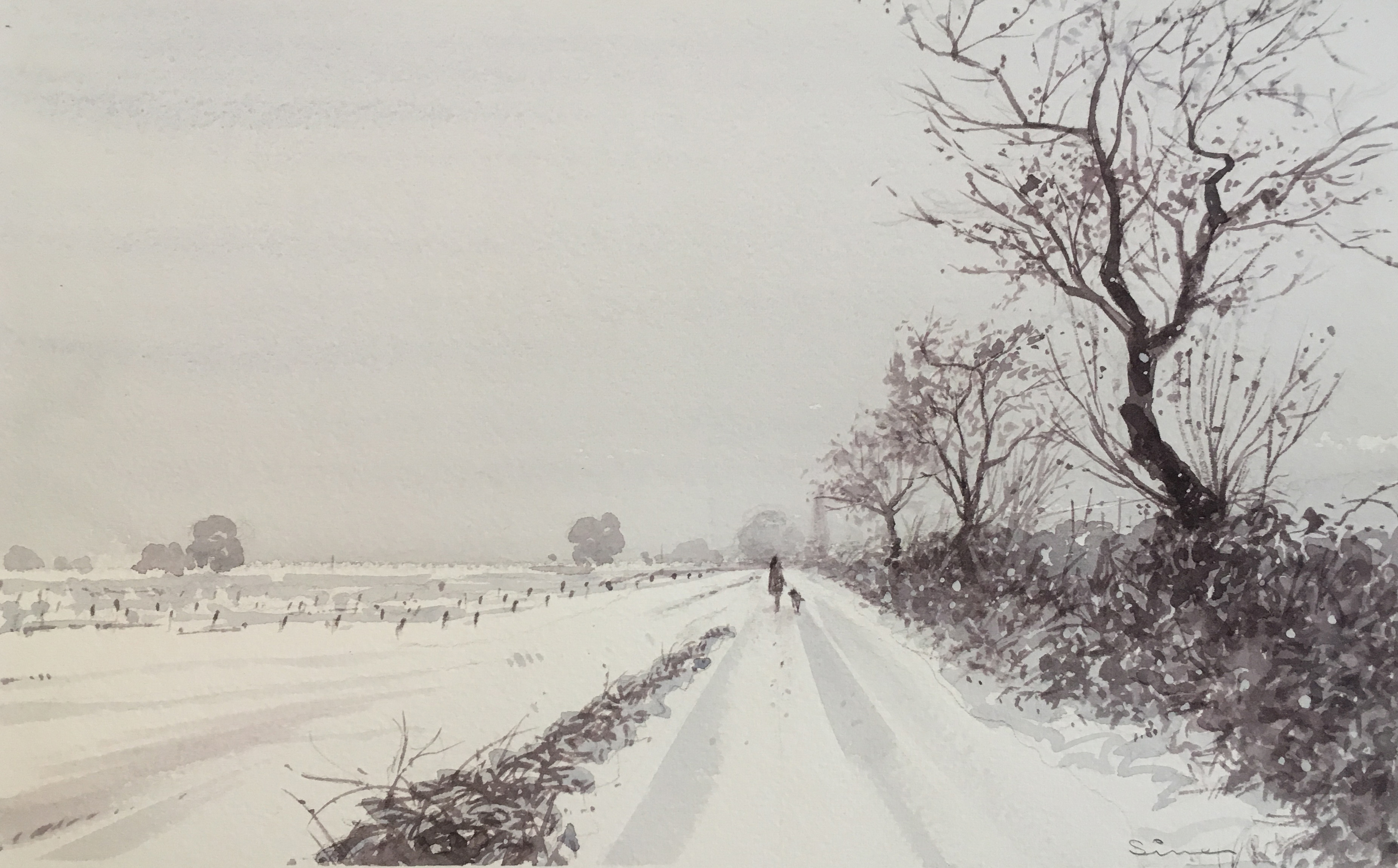 Pouzolles in the snow - painting in france